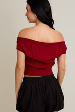 Crimson Off-Shoulder Knit Top - burgundy
