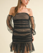Black Mesh Off-Shoulder Ruched Mini Dress