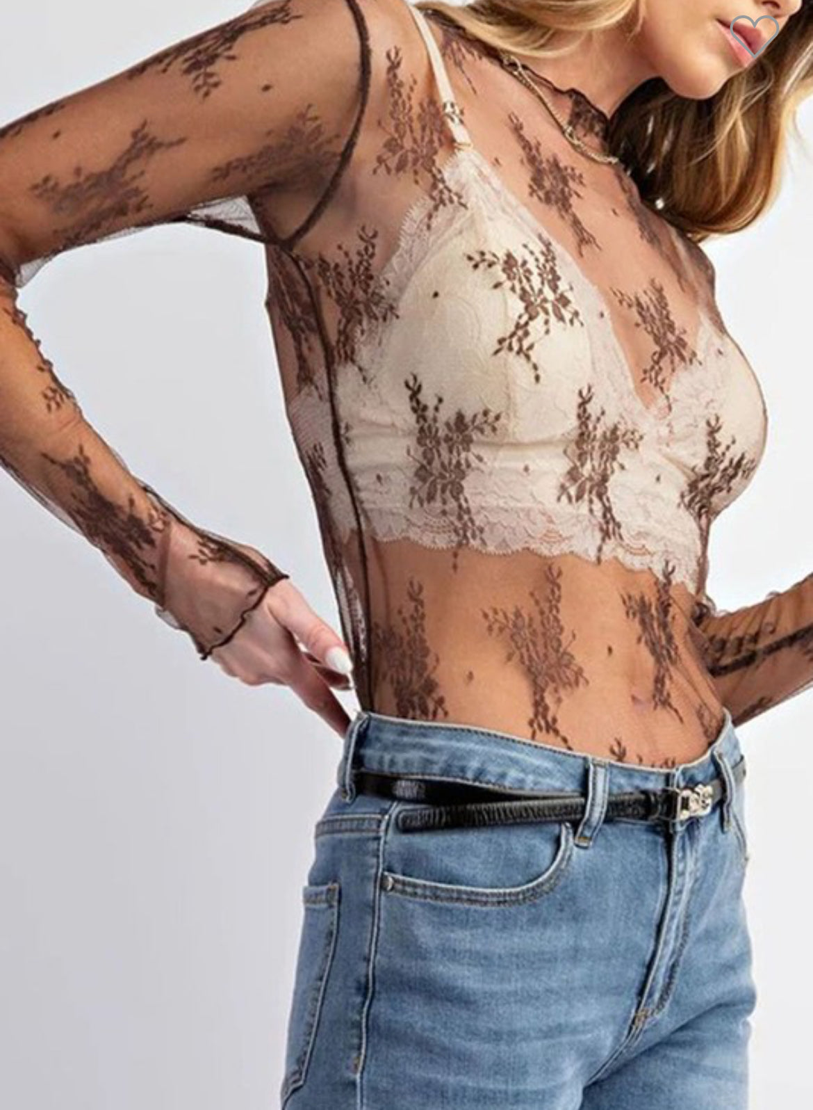 Sheer floral lace top. black - tan