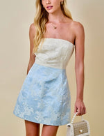 Blue Floral Jacquard Strapless Mini Dress