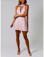 Pink Satin Scarf Halter Mini Dress