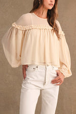 Cream Sheer Ruffle Balloon Sleeve Blouse