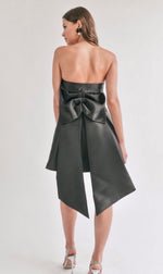 black satin mini dress oversized bow back detail