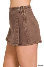 Brown Washed Denim Wrap Skort