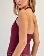 Burgundy Beaded Fringe Halter Two piece set-burgundy