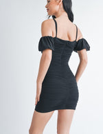 Black Off-Shoulder Ruched Mini Dress. Black