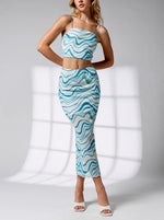 Blue Wave Print mesh Crop Top |and skirt set. Sold separately
