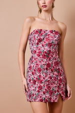 Pink Rose flower Strapless Mini Dress