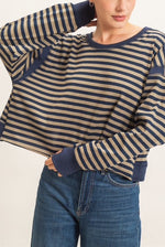 Navy & Tan Striped sweatshirt with Back open cross twist