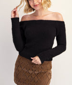 Sofie Off-Shoulder Fuzzy Knit Sweater. Black