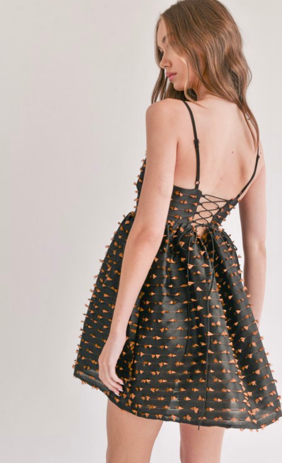 Sally Textured Black & Gold Lace-Up Mini Dress