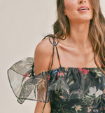 🌸 Sheer floral organza Off-Shoulder Mini Dress