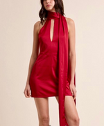Red lips Mini halter open back silky dress -red