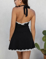 Black Polka dot Lace Trim Mini halter Dress