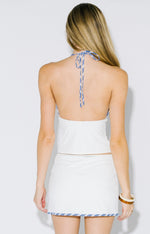 White summer two piece skirt set with blue Stripe detail - sold separately