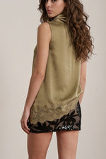 Olive Satin LaceTrim Cowl high Neck Top