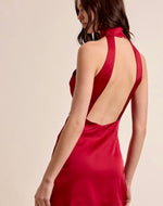 Red lips Mini halter open back silky dress -red
