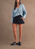 Dusty Blue Twist-Front Button Down Top