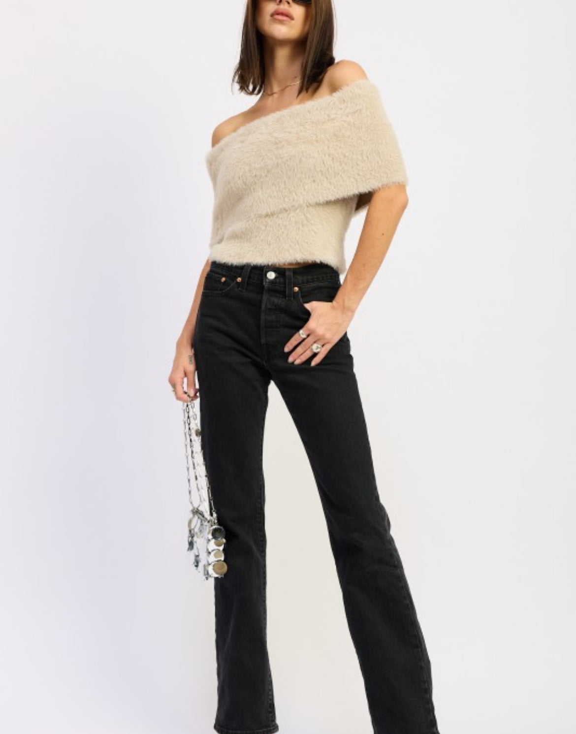 Fuzzy Off-Shoulder Sweater Top 🤍cream