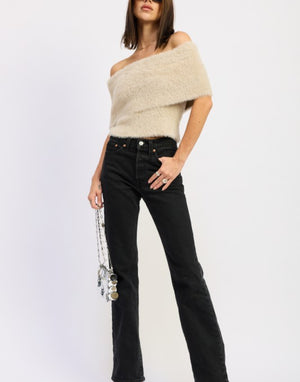Fuzzy Off-Shoulder Sweater Top 🤍cream