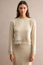 Light Taupe Lace Trim Knit Sweater