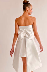 white satin mini dress oversized bow back detail