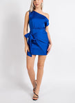 One-Shoulder Satin Mini Dress with Tie – Royal Blue
