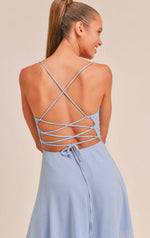 Dreamy sparkly fit and flare mini dress. Light blue