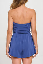 Blue ruched tube high-waisted romper with pockets