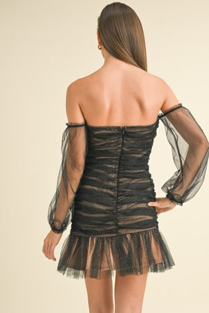 Black Mesh Off-Shoulder Ruched Mini Dress