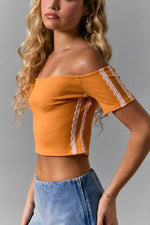 Orange Lace Trim Off-Shoulder Top