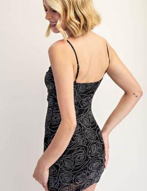 Doris black rose mesh mini dress