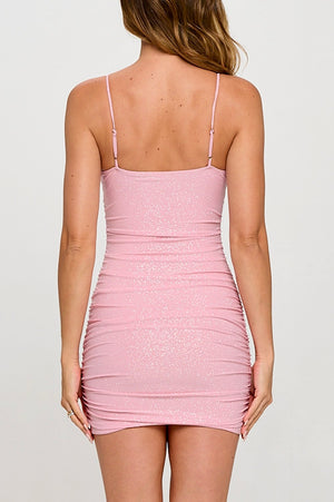 Baby pink glitter rushed mini bodycon dress