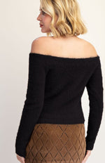 Sofie Off-Shoulder Fuzzy Knit Sweater. Black