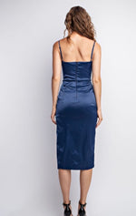 Navy satin form fitting side slit midi dress