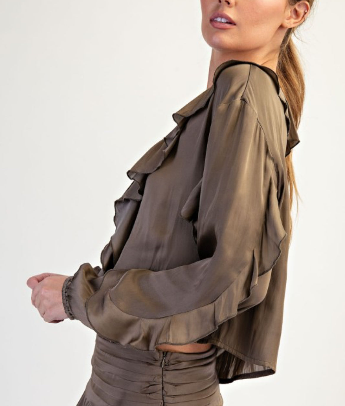 Love me Taupe Satin Ruffle Blouse ✨