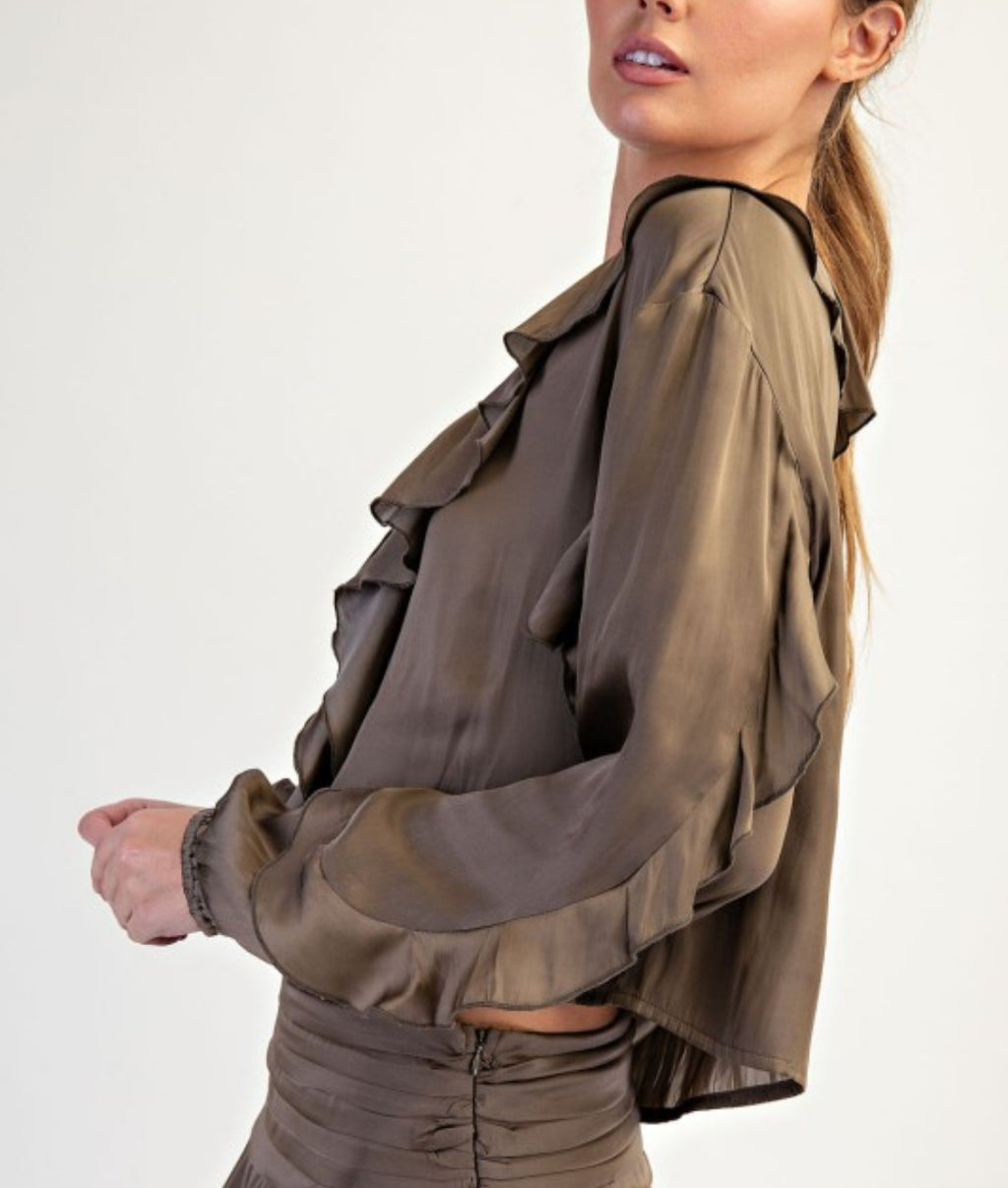 Love me Taupe Satin Ruffle Blouse ✨