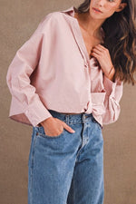 Oversized Self-Knot Front Button-Down Shirt pink- black