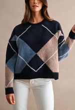Navy Blue Argyle Knit Sweater