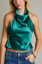 Emerald Green Satin Cowl Neck Halter Top