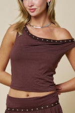 Brown Studded Off-Shoulder Top & Skort Set (Sold Separately