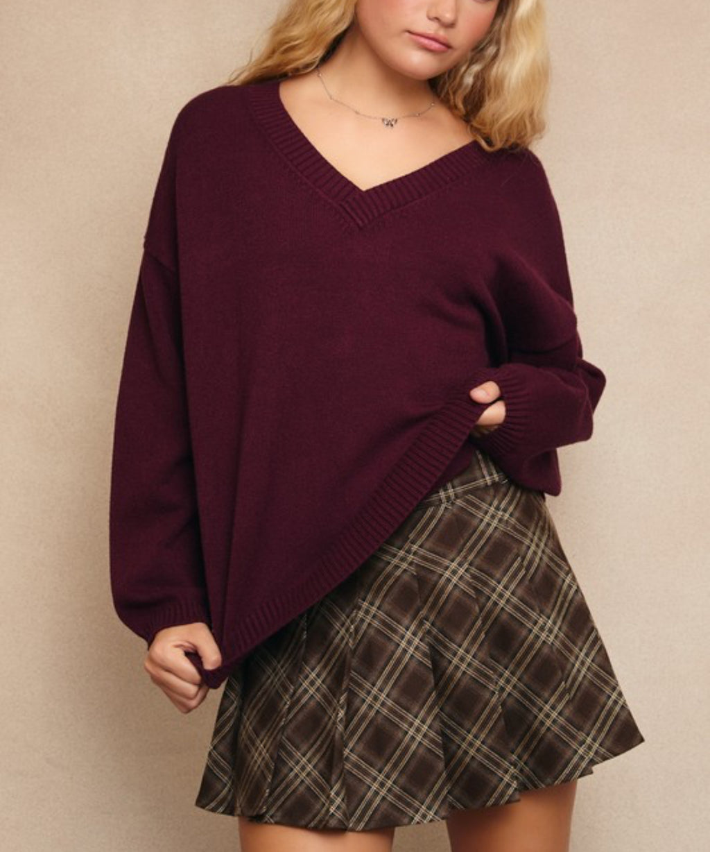 Beatrice Maroon V-Neck Sweater