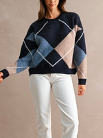 Navy Blue Argyle Knit Sweater