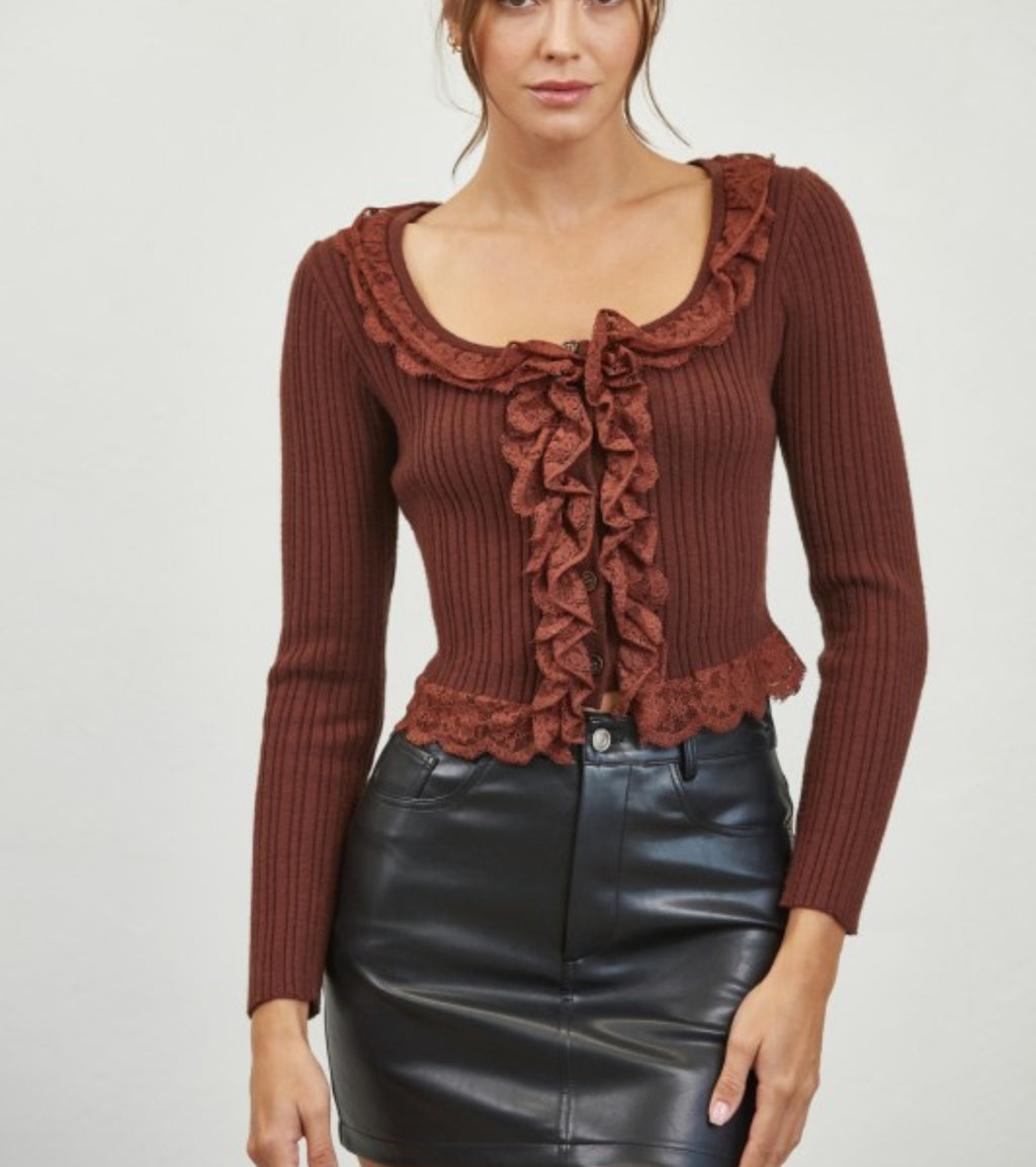 Cocoa Ruffle Lace Trim Knit sweaterTop