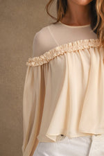 Cream Sheer Ruffle Balloon Sleeve Blouse
