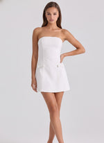 strapless white denim fitted mini dress