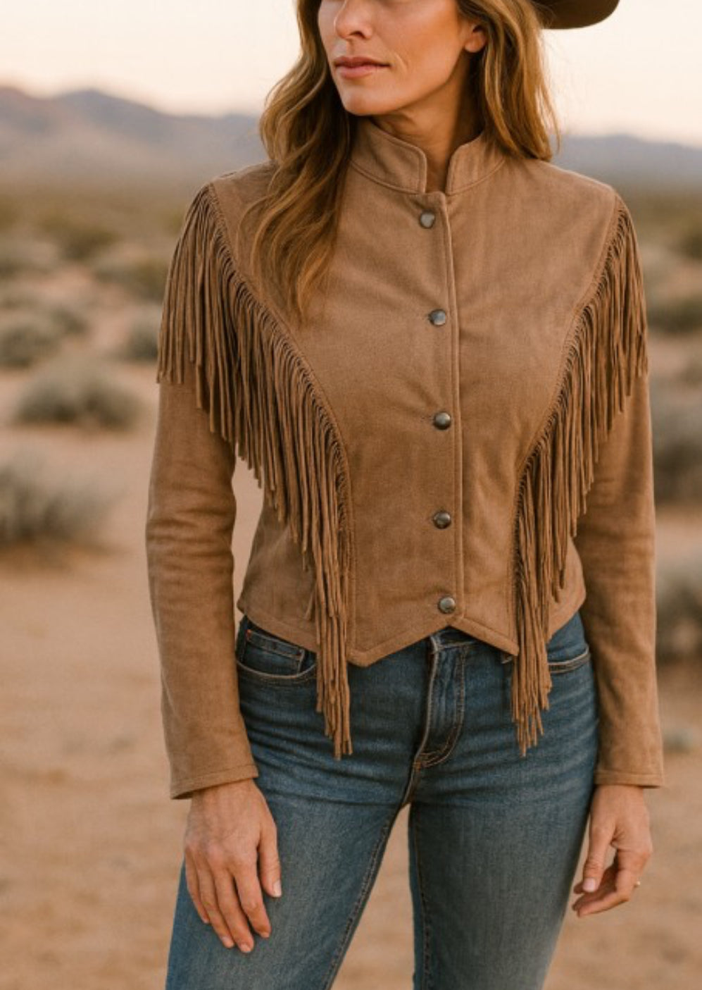 Saddle Dust Fringe faux suede Jacket- light brown