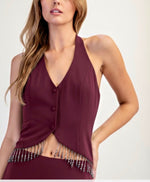 Burgundy Beaded Fringe Halter Two piece set-burgundy