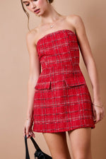 Red Plaid Tweed Strapless Mini Dress