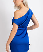 One-Shoulder Satin Mini Dress with Tie – Royal Blue